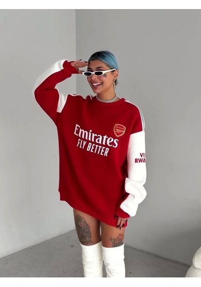 Kadın Bisiklet Yaka Kolu Şeritli Nakışlı Sweatshirt - Kırmızı