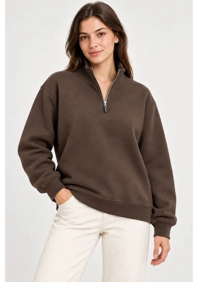 Butik İstanbul Üç İplik İçi Şardonlu Dik Yaka Yarım Fermuarlı Kışlık Sweatshirt - Kahverengi