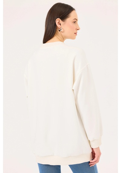 Seçil Kadın Yuvarlak Yaka Taş Detaylı Sweatshirt 1020 Ekru Ekru