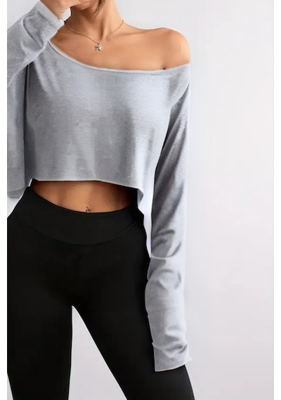 Kadın Düşük Omuz Kayık Yaka Oversize Uzun Kollu Crop T-shirt Gri