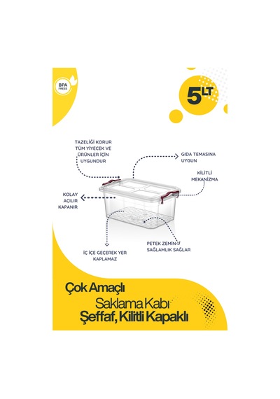 Kilitli Erzak Saklama Kabı Çok Amaçlı Düzenleyici Kutu 5 Lt Plastik Beyaz Diğer