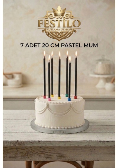 7'li Uzun Mum 20 Cm Pasta Mumu Siyah Pastel Renk Parti Malzemeleri Doğum Günü Süsleri
