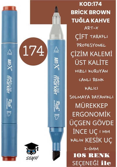 Çift Taraflı Profesyonel Çizim Kalemi Kalıcı Mürekkep Üçgen Gövde İnce Uç 1 Mm Kesik Uç 2-6mm Sketch 174-tuğla Kahve