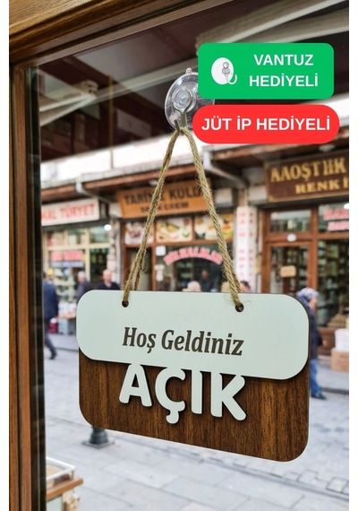 3 Katlı Modern Açık/kapalı Tabelası - Ceviz