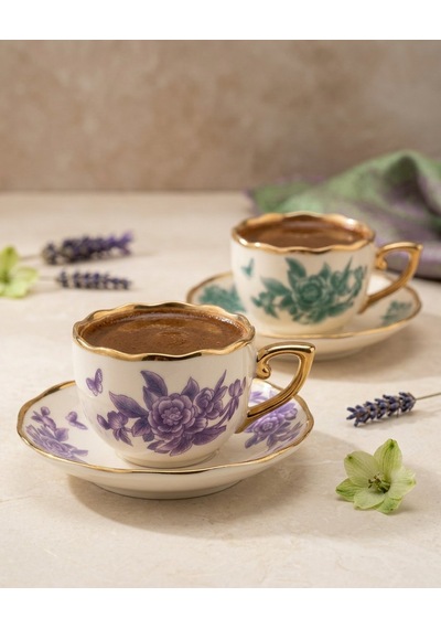 Spring Yeşil & Mor Çiçek Desenli 2 Kişilik Porselen Kahve Fincan Çok  Renkli