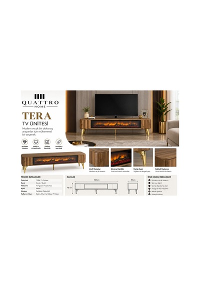 Tera Elektrikli Şömineli Tv Ünitesi 160 Cm Ceviz Gold Metal Ayaklı Modern Tv Sehpası