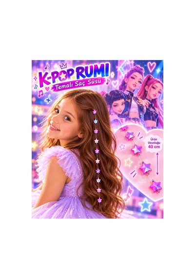 Kız Çocuk K-pop Rumi Temalı Yıldızlı Saç Süsü 40 Cm Pratik Tel Tokalı
