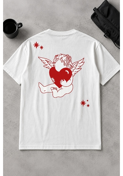 Spoyi Angel Heart Tasarımlı %100 Pamuk Yarım Oversize Beyaz T-shirt