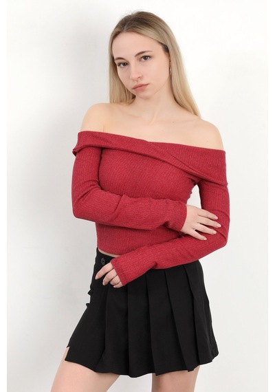 Giysa Kadın Madonna Yaka Uzun Kollu Bürümcük Bluz Bordo - Ms0000589 Bordo