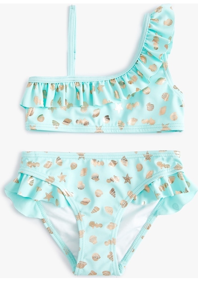 Koton Bikini Takımı Parlak Baskılı Fırfırlı Tek Omuz İnce Askılı Mavi 4skg00003mm Mavi
