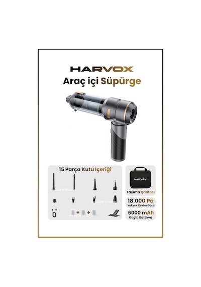 Harvox 18000 Pa Güçlü Araç Süpürgesi Taşınabilir, 6000 Mah, Üflemeli, Çantalı Gri-kahve