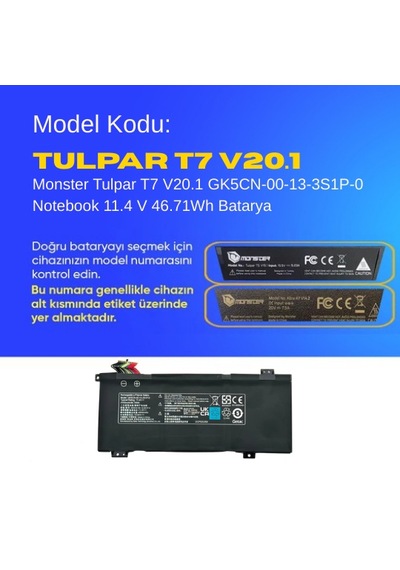 Monster Tulpar T7 V20.1 Gk5cn-00-13-3s1p-0 Notebook 11.4 V 46.71wh Batarya  Uyumlu, Yüksek Performanslı