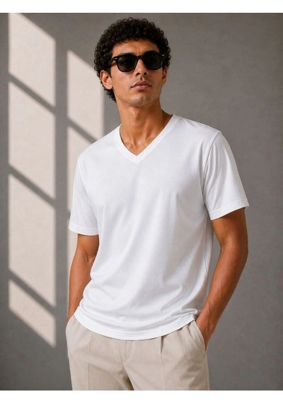 Erkek V Yaka Basic Tişört Kısa Kol Yazlık Regular Fit T-shirt - Beyaz
