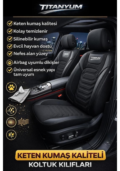 Titanyum Serisi Lüks Keten Oto Koltuk Kılıfı- Hyundai İ20-i30-accent-blue-era-getz Uyumlu Siyah