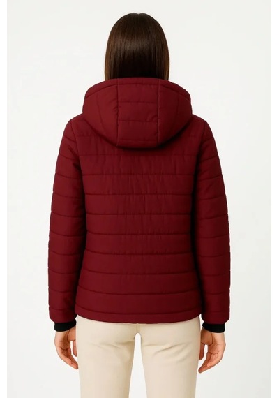 Defymoda Şişme Kapüşonlu Fermuarlı Mont Su Itici Kapitone Astarlı Kumaş Cepli Kışlık Rahat Kalıp - Bordo Bordo