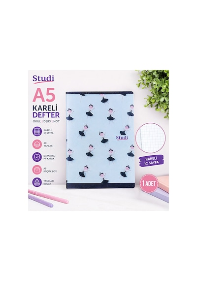 Balerin Desenli A5 Kareli Defter 60 Yaprak Pp Kapak Küçük Boy Çok Renkli