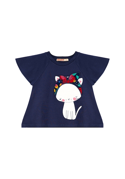 Çiçekli Kedi Kız Çocuk Lacivert Yazlık T-shirt Poplin Şort Takım