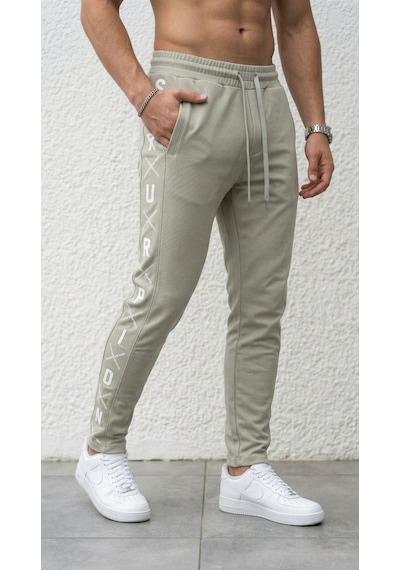 Plus Scorpion Erkek Slim Fit Eşofman Altı Yazılı Şerit Detaylı, Dar Paça Jogger Pantolon Gri
