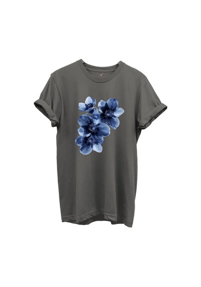 Mavi Çiçek Desenli Kadın %100 Pamuk Regular Fit Bisiklet Yaka T-shirt Gri