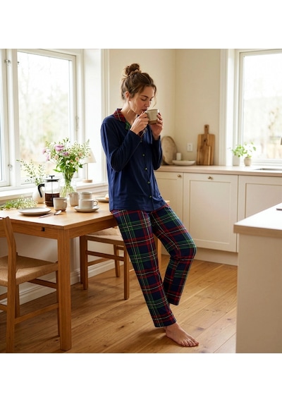 Pijamoni Kadın Premium Milan Kumaş Gömlek Yaka Uzun Kollu Pijama Takımı Lacivert