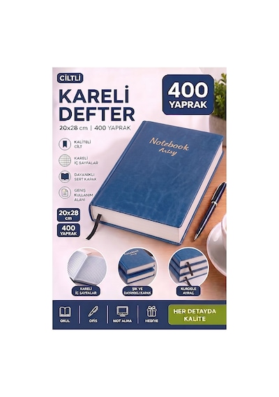 Ciltli Kareli Defter 400 Yaprak 20x28cm 1 Adet Çok Yapraklı Sert Kapaklı Not Hesap Defteri Okul Ofis Büro Mavi
