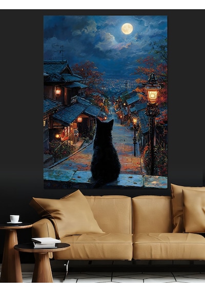 Ahşap Tablo Sokakta Duran Kedi Silüeti