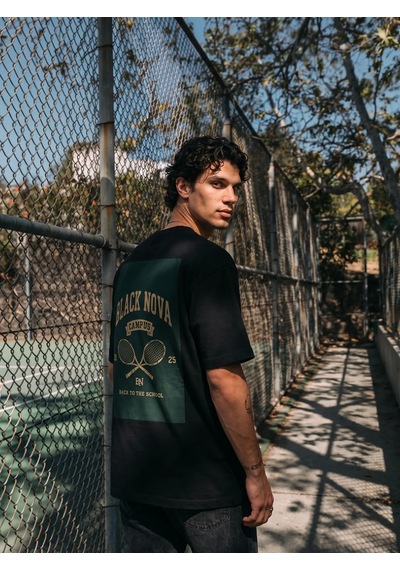 Black Nova Oversize Baskılı Unisex Tişört Campus Tennis Black Siyah