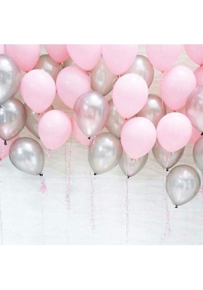 25 Ad Metalik Sedefli Şeker Pembe-Gümüş Gri Balon Helyumla Uçan