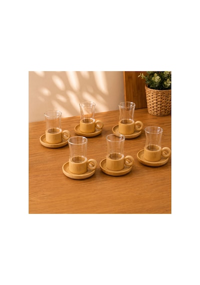 12 Parça Çay Seti - Bambu Bardak Altığı - Çift Cidarlı Cam - 150 Ml Çok Renkli
