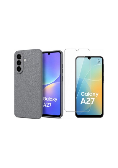 Samsung Galaxy A27 Uyumlu Deri Dokulu Silikon Telefon Kılıfı Ve Şeffaf Temperli Cam Ekran Koruyucu Gri
