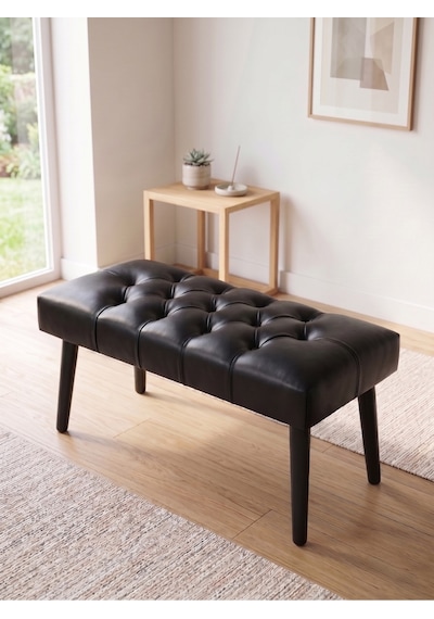 Modern Kapitoneli Siyah Deri Kumaş Bench Puf Oturma Bankı Ahşap Siyah Ayaklı Demonte 90x45