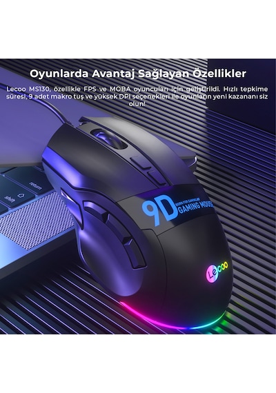 Lecoo MS130 Kablolu 7200DPI 9 Makro Tuşlu RGB Gaming Optik Mouse