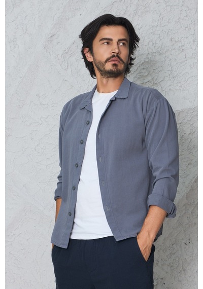 Blayn Jeans Erkek Uzun Kollu Keten Görünümlü Gömlek Oversize Kalıp Gri