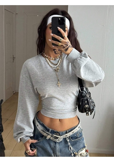 Kadın Bisiklet Yaka Belden Oturtmalı Tasarım Sweatshirt Gri