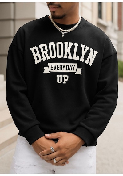 Benroma 3 İplik Penye Brooklyn Baskılı Unisex Sweatshırt SIYAH