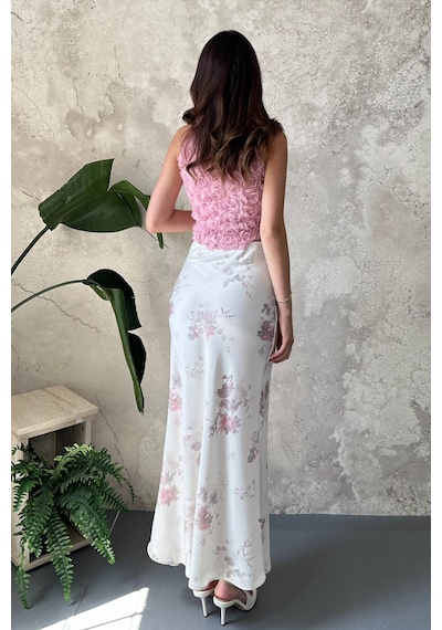 Alemdarshop Ekru Saten Soft Çiçekli Etek