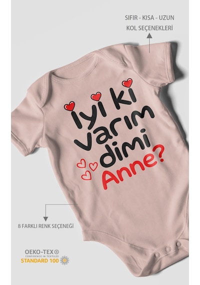 Morivokids İyi Ki Varım Dimi Anne Kısa Kollu Bebek Body %100 Pamuk Pastel Pembe