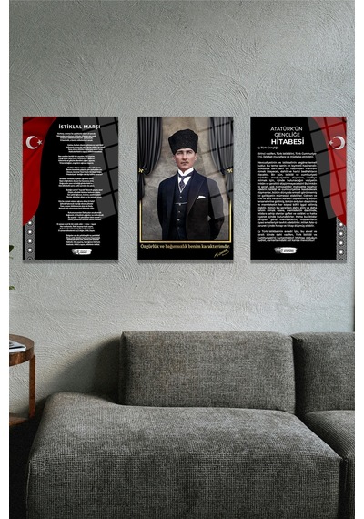 Atatürk 3'lü Atatürk İstiklal Marşı Gençliğe Cam Tablo Sanatsal Duvar Dekoru Canlı Renkli Baskı Mutfak Ve Yemek Alanı Sevdiklerinize Hediyelik