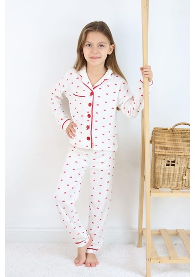 Kız Çocuk Kırmızı Kalpli Pamuklu Pijama Takımı - Uzun Kollu Düğmeli Rahat Takım Kırmızı