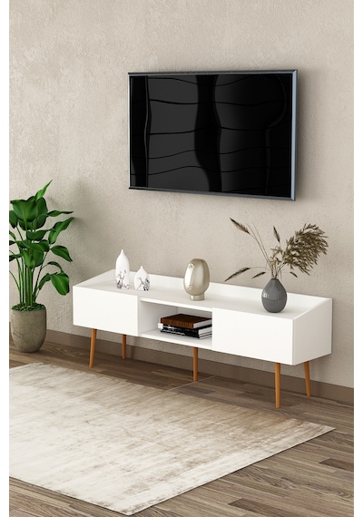 Asra Trend Tv Ünitesi Tv Sehpası T-28 %100 MDF Ayaklı Modern Medya Ünitesi Beyaz