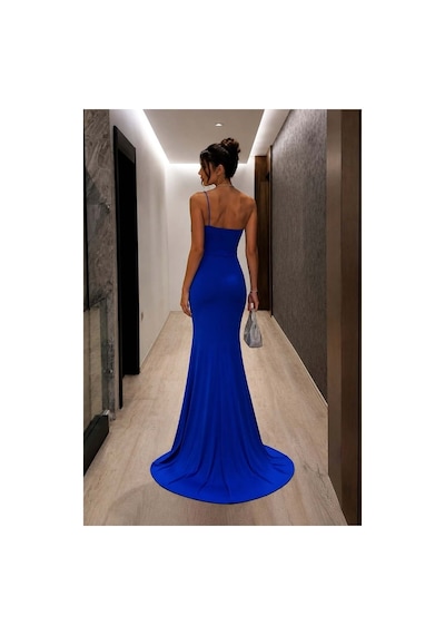 DefyModa Kadın Günlük Tek Omuz Taş Detaylı Abiye Elbise Saks