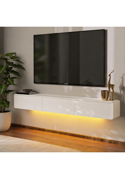 İnarch Dizayn Alba Led Işıklı Duvara Monte Tv Sehpası - 3 Kapaklı Tasarım Beyaz