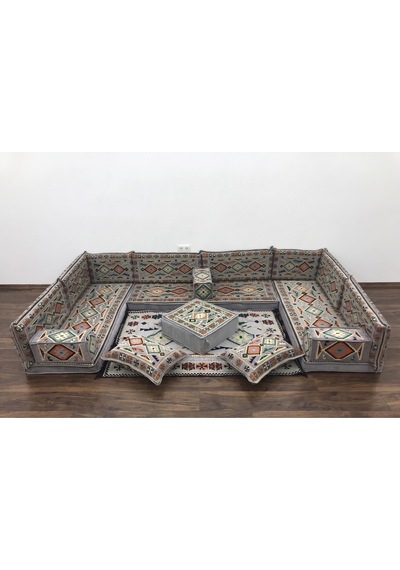 Turkıshrug Kıngdom 10 Cm Süngerli Otantik Şark Köşesi Takımı Gri Renkli 18 Parça Kilim Ve Puf Dahil Sedir Seti