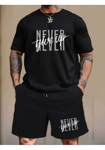 Never Give Up Baskılı Özel Tasarım Oversize Alt Üst Takım Siyah