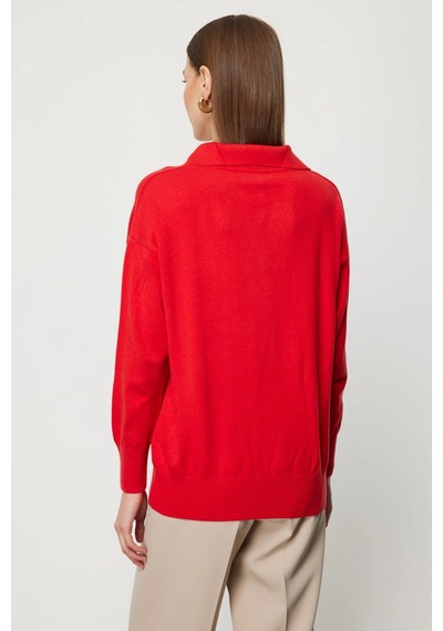 On Fashion Kadın Yakası Zincirli Polo Yaka Kırmızı Kazak 66336 Kırmızı