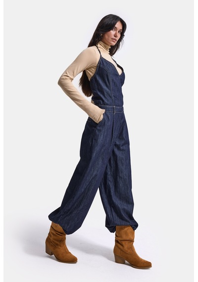 Kadın 7w6-50 Boyundan Askılı %100 Koton Denim Tulum Lacivert
