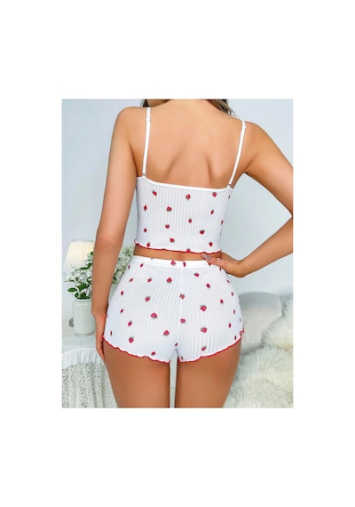Asistiva Beyaz Üstüne Çilek Desenli Askılı Şortlu Pijama Takımı BEYAZ