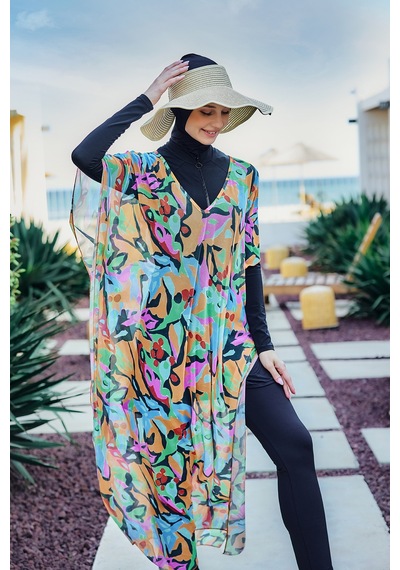 Remsa Mayo Remsa Tesettür Mayo Üzerine Desenli Tek Kaftan Pareo 430-308 Turuncu Turuncu