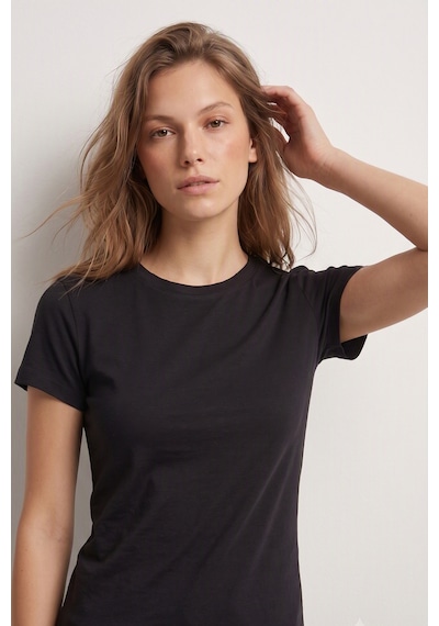 Elemge %95pamuk %5likra Vücuda Oturan Magic Fit Siyah Kadın Stretch T-shirt Compact Penye Kısa Kol Esnek Basic Tişört Elastan