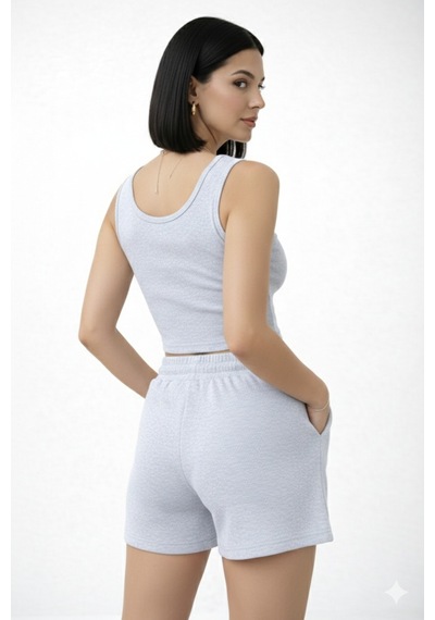 Trend Alisse Kadın Beli Lastikli Şort Crop Alt Üst İkili Takım Gri